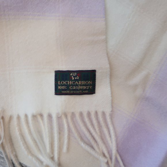 Lochcarron Cashmere Plaid Scarf From Scotland Purple , Tan & Off White/Cream - Picture 8 of 14